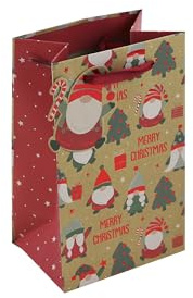 Eurowrap Brown Kraft Paper Merry Christmas Gonk Design Gift Bag - Small/Perfume - Eco Friendly Fully Recyclable - Christmas, Xmas, Festive Gift Bag With Gift Tag