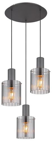 GLOBO Pendant Light Living Room Lamp Pendant Light 3 Bulbs Smoked Glass Metal Grey 3x E27 Sockets Diameter 48 x 150 cm