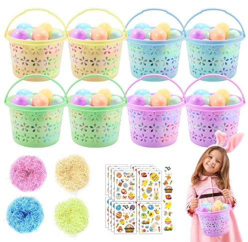 56 Stück Ostereierkörbe Set mit 8 Plastik-Ostereierjagd-Körbe, 32 bunte füllbare Plastik-Überraschungs-Ostereier, vierfarbiges Ostergras, 12 Osteraufkleber für Ostern, Korbfüller Stuffers Spielzeug