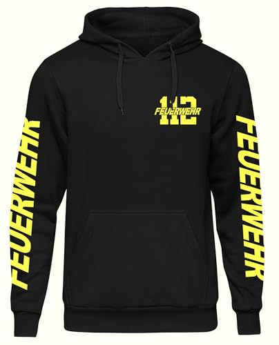 UGLYSHIRT Feuerwehr Herren Kapuzenpullover | Feuerwehr Hoodie Feuerwehr Geschenke FFW Pullover Feuerwehrmann Held Hero 112 Freiwillige | M31 Ärmeldruck Schwarz