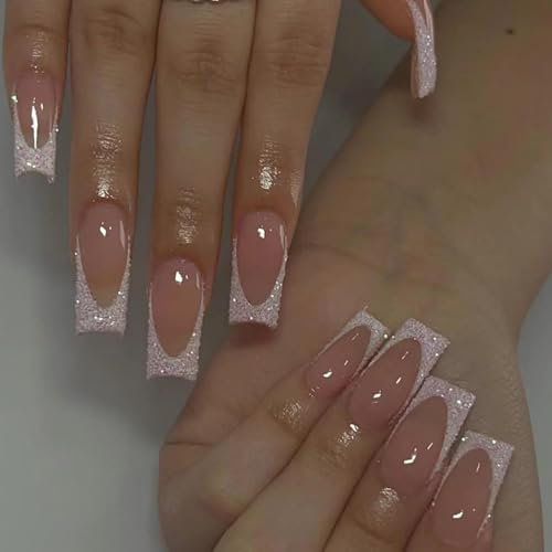 24pcs Glitter Silver Edge French Tip False Nails - Medium Square Press-on Adhesive-Backed False Nails with Removable Adhesive - Full Cover Nail Enhancements for Women