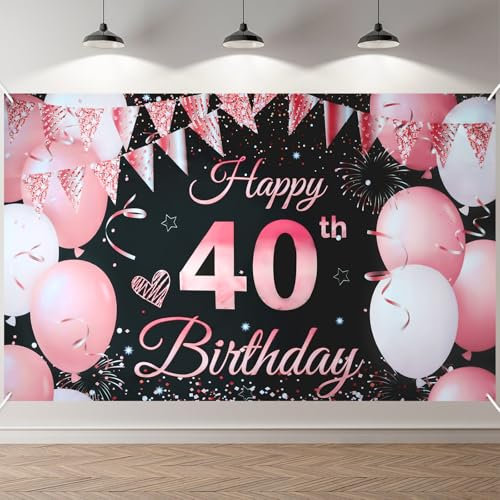 ANOMM 40 Ans Bannière D'anniversaire, Décorations de Fête D'anniversaire 40 Ans, Banderole Joyeux Anniversaire, pour Hommes et Femmes (180 x 110 cm, Noir Rose)
