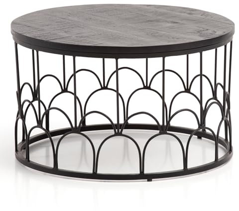 Couchtisch 60x60x36 cm Mango Massivholz/Metall Schwarz Sofatisch Rund | Design Wohnzimmertisch Industrial | Kaffeetisch Wohnzimmer Massiv mit Metallgestell