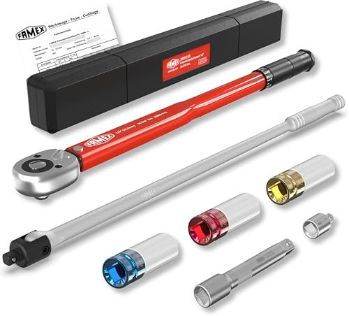 FAMEX 10914 Drehmomentschlüssel Set 1/2 (12,5mm) 30-210 Nm, für Reifenwechsel - inkl. 3 Stecknüsse und hochbelastbarer 60cm-Gelenkschlüssel 630Nm, Verlängerung, Radwechsel Set