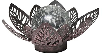 Northpoint Lotus Nénuphar à LED - Minuteur - En métal - Boule en verre - Motif perforé - Batterie solaire - Pour jardin, extérieur - Éclairage de bassin (solaire marron avec motif)