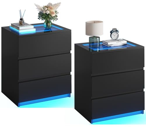 AOGLLATI 2er Set Nachttisch mit LED-Beleuchtung, Beistelltisch mit 3 Schubladen, Holz Nachtschrank für Schlafzimmer, Wohnzimmer, Arbeitszimmer, Schwarz