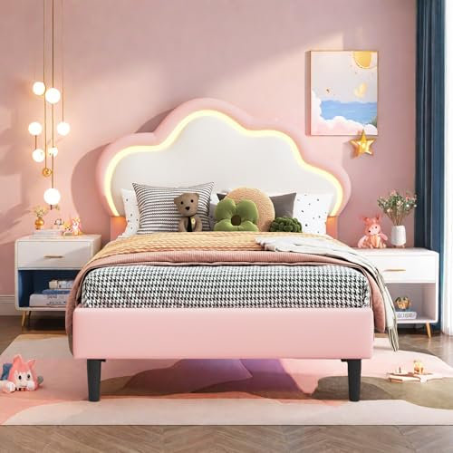 CDQL Bett für Mädchen, Kinderbett 90 x 200 cm, Leder - Kinderbett Polsterbett, LED Einzelbett für Mädchen, Bettgestell mit Höhenverstellbar Kopfteil in Kronenformung und Lattenrost, Rosa