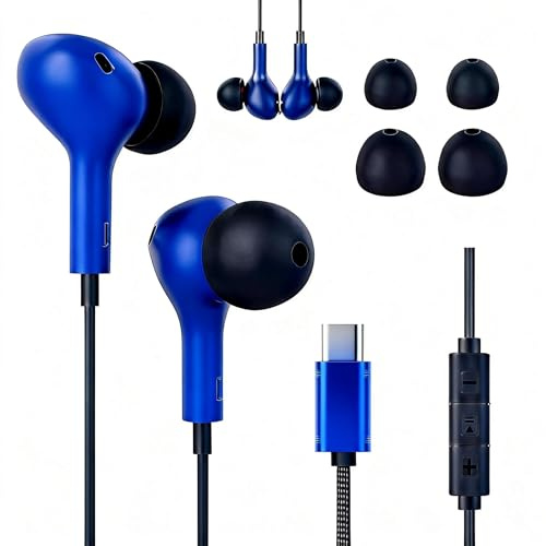 Kopfhörer mit kabel USB C Blau, USB C Ohrhörer, In-Ear Headset mit Mikrofon | Kompatibel mit Samsung Galaxy, Apple iPhone 17-15 und Google Pixel Smartphones