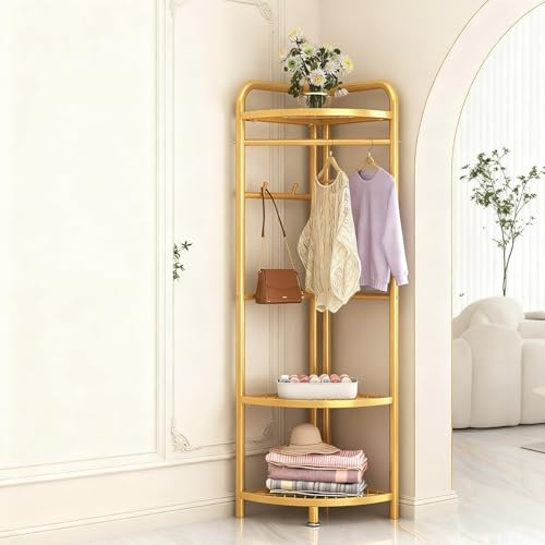 DYUNCZ Porte Manteau D'angle avec 6 Crochets et 3 Étagères de Rangement, Porte Manteau Entree en Métal, pour Couloir, Entrée, Chambre(Gold)