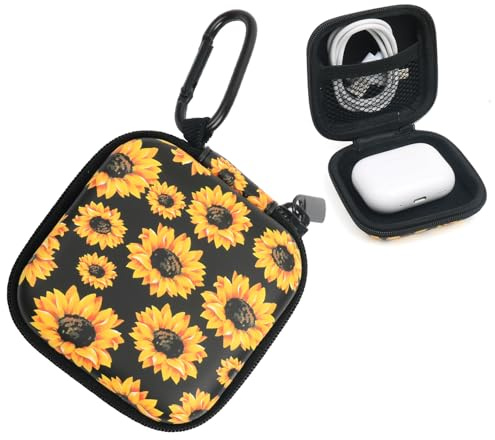Stoßfeste EVA-Schutzhülle für Kopfhörer, mit Reißverschluss, Karabinerhaken und Samtfutter für AirPods, Galaxy Buds, Sony (Sonnenblume)