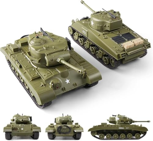 Char d'Assaut Lot de 2 Tank Sherman & Pershing M26 Télécommandé RC avec Effets Sonores et Lumineux LED, Tourelle Rotative 320 Degrés, Lanceur de Canons et Mitrailleuse, Jouet Militaire pour Enfants