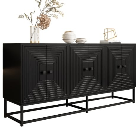 vutizal Sideboard Schwarz Matt 160cm, Aufbewahrungsschrank Modern mit Relief-Design, 3-türige Kommode offen für Wohnzimmer Arbeitszimmer, 160x38x75.5 cm
