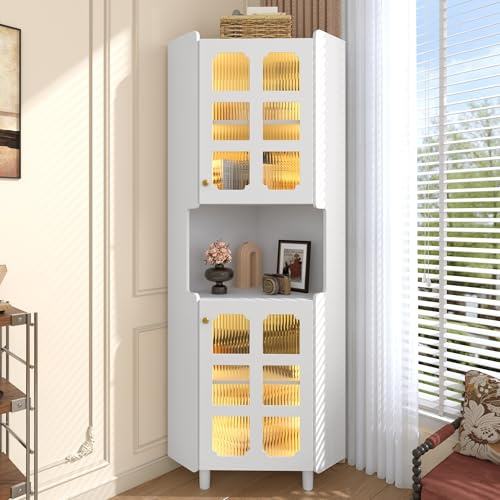 Merax Eckschrank Hochschrank mit LED - Beleuchtung, Eckregal Standregal mit Glas Türen, 2 Ablagefächern und Verstellbaren Einlegeböden, für Wohnzimmer, Esszimmer, MDF-Platte, Weiß/63.5x0x157.5 cm
