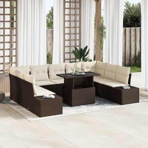 zylophax Gartensofa-Set mit Kissen 10 pcs braun Creme Poly-Rattan pulverbeschichteter Stahl 289x209x85 cm Outdoor Sofa Balkon Lounge Couch Gartentisch höhenverstellbar Flexibles Sitzen für Terrasse