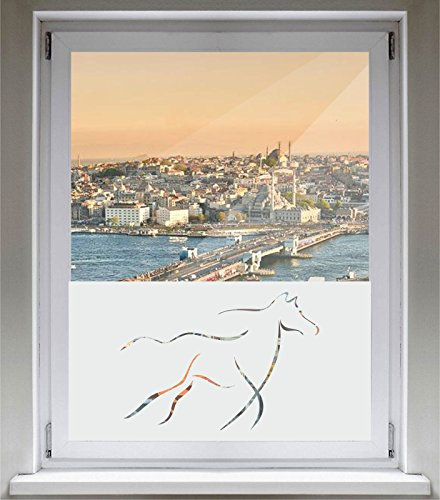INDIGOS UG Sichtschutzfolie Glasdekorfolie Fensterfolie mit Motiv satiniert Blickdicht - d222 galoppierendes Pferd Gaul Pferdchen Tribal - 1000 mm Länge - 500 mm Höhe Viereck