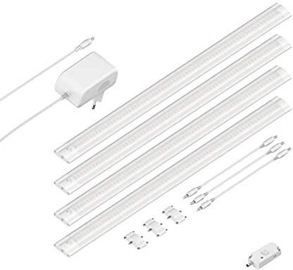 ledscom.de LED Unterbau-Leuchte SIRIS weiß matt mit Bewegungsmelder, flach, je 50cm, je 531lm, warm-weiß, 4er Set