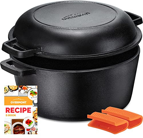 Overmont Overmont Olla Holandesa 5 QT Cacerola de Hierro Fundido Tapa de Doble Función Sartén Plancha Pre Sazonado con Cubiertas de Manijas