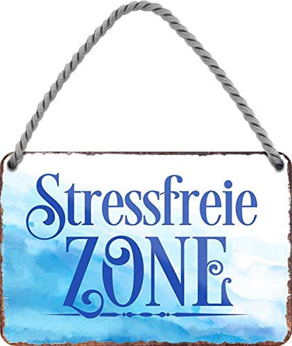 WOGEKA ART Retro Blechschild - Stressfreie Zone Sonne Meer Strand - witziger Spruch als Geschenk-Idee Geburtstag Weihnachten Deko 18x12 cm Vintage-Design Hänge-Schild Metall HS349