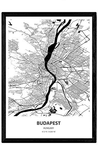 Nacnic Poster mit Karte von Budapest - Ungarn. Blätter von Städte in Europa mit Meeren und Flüssen in schwarz und weiß. A3