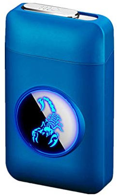 Étui à cigarettes avec briquet, étui à cigarettes graphique LED, 2 en 1, portable, électronique, sans flamme, rechargeable, élégant, motif scorpion, bleu