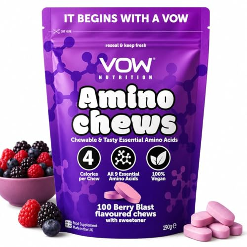 Vow Amino Chews, Chewable and Tasty Essential Amino Acids, BCAA, EAA Complex, L-Leucine, L-Lysine, L-Valine, L-Isoleucine, Vegan, Informed Sport Approved (Berry Blast)
