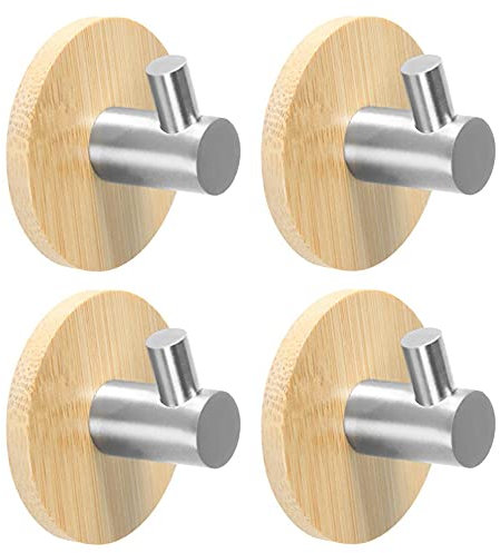 Hazrcvr Crochet Serviette Salle de Bain 4 Pièces Patere porte Manteau Bois Crochet Mural en Bambou Crochet Adhésif Crochet Serviette Salle de Bain Adhésives Porte Crochet pour la Cuisine Bain