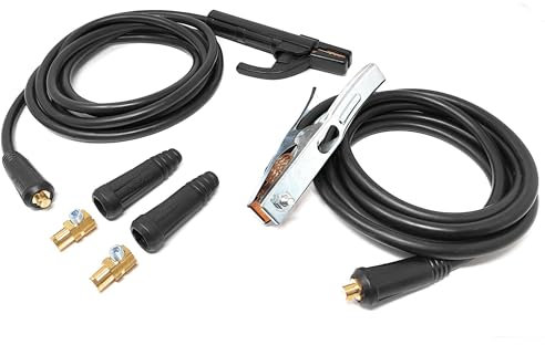 Portaelettrodo e pinza di terra ELCAN Professional 300A con 4 e 3 metri di cavo in rame da 16mm2 con connettori 10-25 installati e 2 connettori 35-50 extra