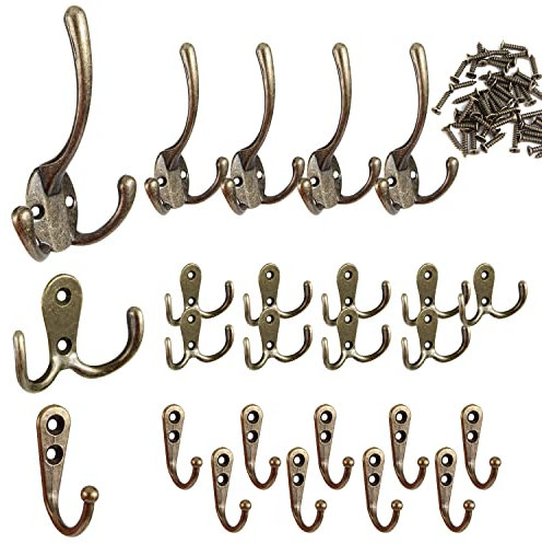 YiliYa Kleiderhaken,25 Stück Wandhaken Vintage Kleider-Haken Antike Garderoben-Haken mit 50 Schrauben für Garderobenhaken Badezimmer Küche Büro(Bronze)