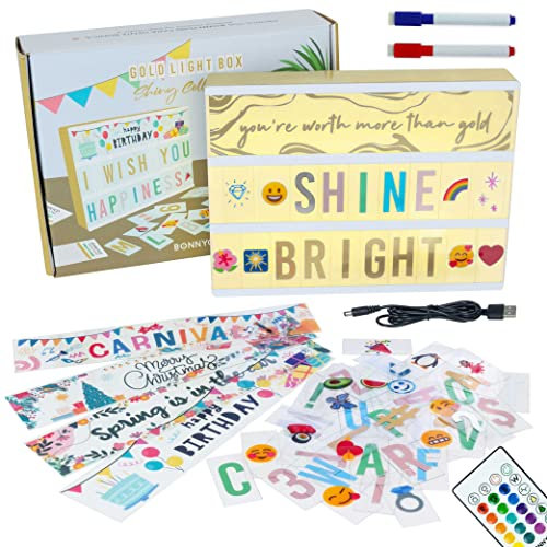 Light Box Shiny Gold A4 16 Farben mit 400 Buchstaben und Emojis, 10 Premium Karten, Fernbedienung, 2 Stifte - BONNYCO | Ä Ö Ü ß | Lichtbox Led mit Buchstaben, Geschenke für Frauen and Mädchen