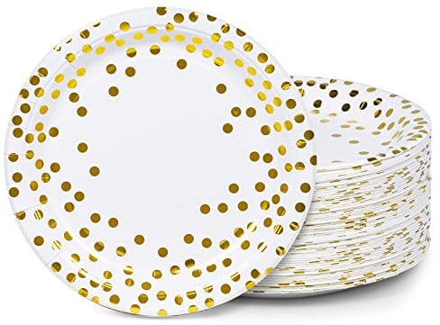 MATICAN Party Paper Plates, 100-Pack Disposable White and Gold Plates, Foil Polka Dots, 9-Inch