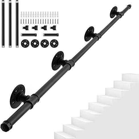 BQKOZFIN 8FT/2.45M Metal Stairs Handrail, Wall Balustrade Non-Slip Industrial Iron Pipe Hand Railing, Wall Mount Support Step Baluster for Indoor Outdoor Stairs Hospitals Bathrooms Yards (Black)