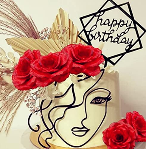 JeVenis Red Acrylic Minimalist Art Lady Face Cake Topper Rose Cake Topper Vintage Rose Flower Wedding Cake Toppers for Wedding Bridal Shower Birthday Party
