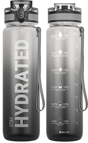 Sahara Sailor Leakproof Water Bottle 1L, Tritan BPA Free Motivational Sport Drinks Bottle with Clear Time Marker, Lock Cover, Easy Clean Brush, Durable for Gym, School, Hiking, Cycling (1 Bottle)