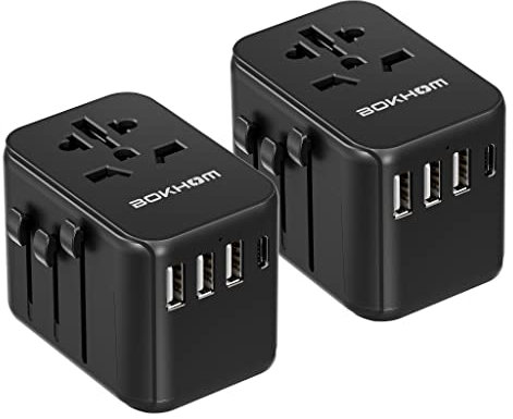 Universal Travel Adapter 2 Pack, BOKHOM Worldwide Travel Adapter with 4 USB All-in-one Universal Plug Adapter Dual 10A Fuses International Power Adapter for US AU Europe UK