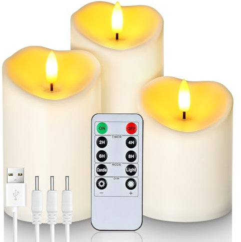 Homemory Rechargeable Flameless Candles, LED Candles, Battery Operated Candles with Remote and Timers, Outdoor Waterproof, Long Lasting, Set of 3