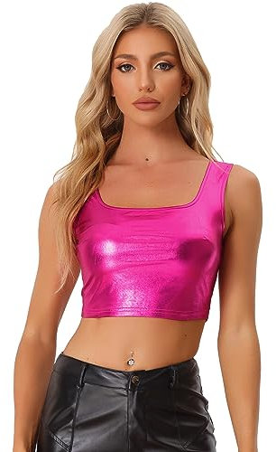 Allegra K Haut Court métallisé pour Femme, débardeur de fête sans Manches, Brillant, Haut à Ventre Nu Rose Vif XL