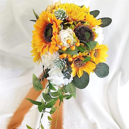 Tkasniy Hochzeitssträuße für die Braut, künstlicher Sonnenblumen-Brautstrauß, tropfenförmiger Braut-Hochzeitsstrauß für französische Vintage-Hochzeitsdekoration