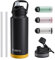 Exllena Edelstahl Trinkflasche, 1L Isolierte Wasserflasche mit Strohhalm, Thermosflasche mit 2 Deckeln für Sport, Fitness, Outdoor und Freizeit, Auslaufsicher und BPA Frei (Schwarz)