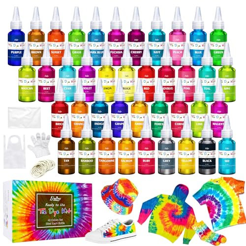 Tie Dye Kit 40 Farben - Stoff Farben Textilfarbe Set für DIY Hemd, Erwachsene und Kinder Textil Kleidung Malerei - Alles in 1 Fabric Tie Dye Batikfarben Set für T Shirt, Hoodie, Partybedarf