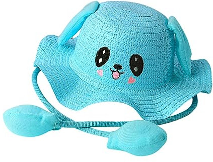 CLSSLVVBN Sommer Sonnenhut mit beweglichen Ohren für Kinder, lustiger und stilvoller, ungiftiger Kaninchen Strohhut für Kinder, atmungsaktiver Fischerhut, Himmelblau, (52 54 cm)