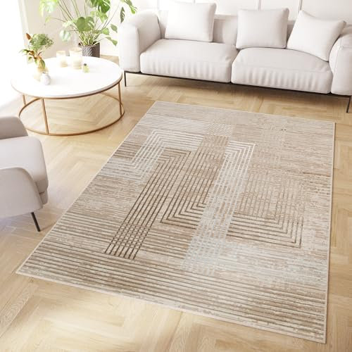 TAPISO Crystal Teppich Kurzflor Glänzend Braun Creme Weiß Streifen Geometrisch 3D Effekt Wohnzimmer Schlafzimmer Modern Design ÖKO-TEX 200 x 300 cm
