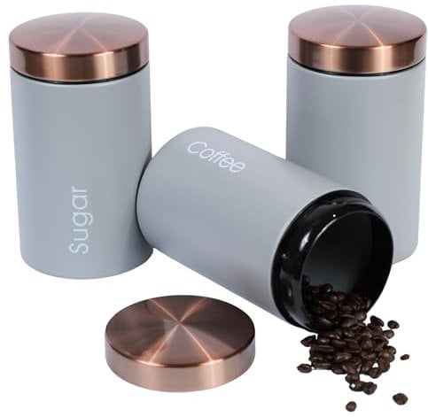 RLS Goose Grey Set of 3 Tea, Coffee, Sugar canisters Storage Container Set for Kitchen Accessories & Essentials | Grey & Copper