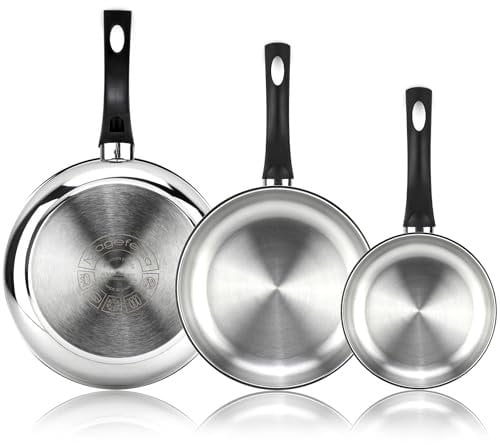 MAGEFESA Essencial Inox - Set de Sartenes Plateadas 20 + 24 + 28cm, Acero Inoxidable, Sin Recubrimiento ni Antiadherente, Ecológicas, Inducción