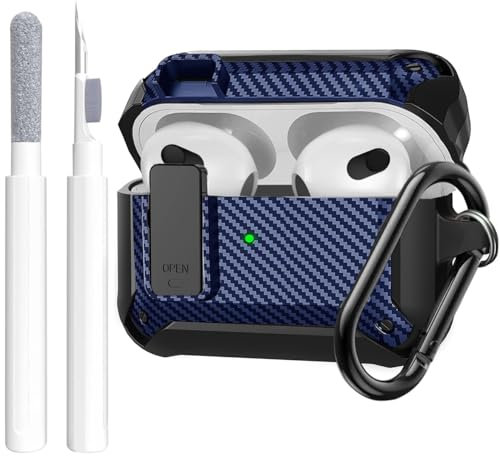 Airpods 3rd Generation Case Cover Men Lock with Cleaning Kit, OTOPO Protective Cover with Cleaning Pen Compatible with Apple Airpod 3rd Gen Case, Shockproof Rugged Shell for iPod 3 Case Black/Blue