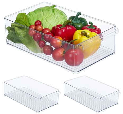 Relaxdays 3X Organizer da Frigorifero, Contenitore da Cucina, Box per Alimenti, 10x20,5x36,5 cm, con Manico, Trasparente