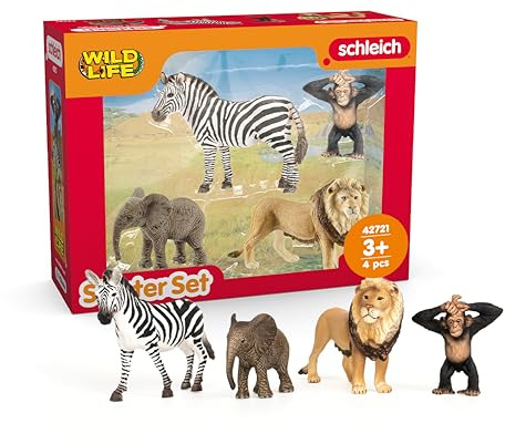 Schleich Wild Life - 4 PC Safari Animals Figurines Set with Zebra, Monkey, Elephant and Lion Toys - Realistic African Animal Figures Playset for Boys and Girls - Educational Toys for Kids Ages 3+