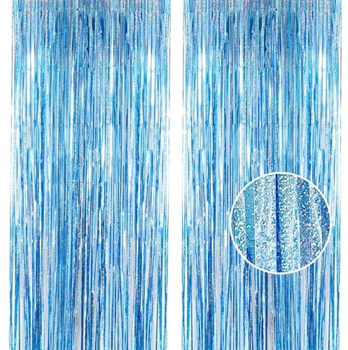 YAAVAAW 2pcs 3.2 x 8.3ft Glitter Baby Blue Tinsel Curtain Foil Fringe Curtain Backdrop Party Streamers Curtain Photo Backdrop Decorations for Birthday School Graduation Boys Party Decorations Blue