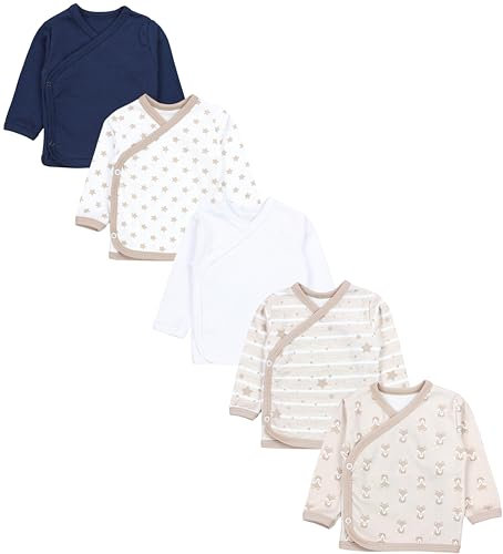 TupTam Baby Jungen Langarm Wickelshirt Baumwolle 5er Set, Farbe: Fuchs Beige Sterne Streifen Weiß Dunkelblau, Größe: 74