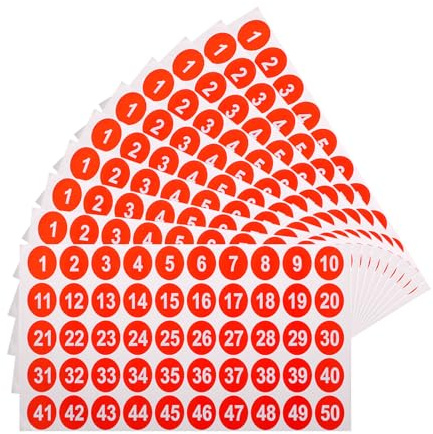 QUARKZMAN 10 Blätter Runde Nummer Aufkleber 1-50 Rot (1 Jede) | PVC Fortlaufende Nummer Etiketten Selbstklebende Nummer Aufkleber für Büro Klassenzimmer Box Lagerung