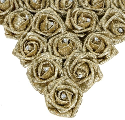 IPOPU Gold Roses,25PCS Glitter Roses Bouquet Gold Artificial Roses with Crystal for Christmas Wedding Bouquet Home Party Decoration(Gold)